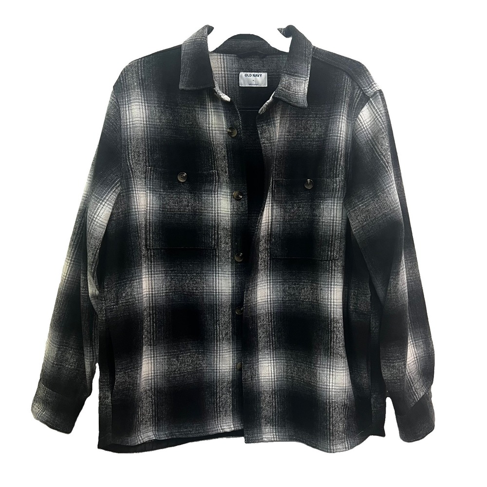 Old Navy Men's Plaid Flannel Button-Up Jacket w/ Pockets black White XL wool